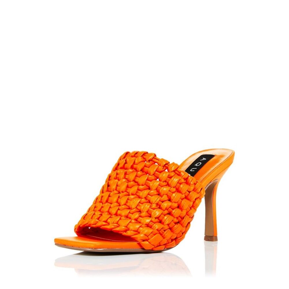 AQUA Womens Orange Woven Katy Square Toe Stiletto Slip On Heeled Sandal 6.5 M